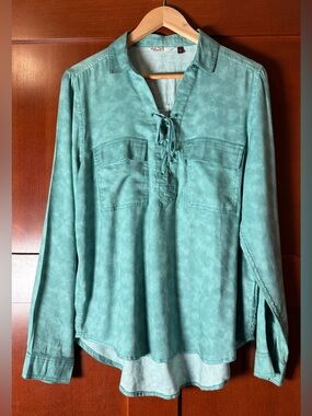 SO Y2K Boho Western Lace Up Teal Long Sleeve Top Size XL